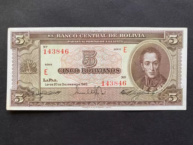 BOLIVIA, 1945, Billete Banco Central de Bolivia, CINCO BOLIVIANOS, Serie E, Unc