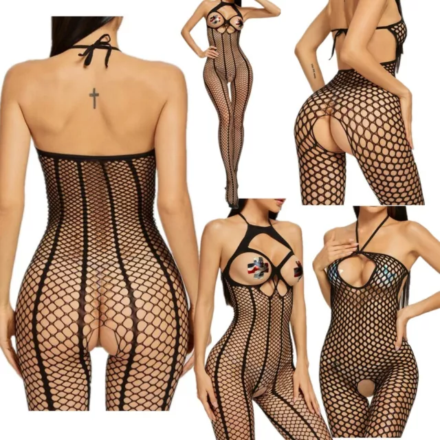 Sexy Femme Bodystocking Résille Body String Ouvert Evider de Nuit Babydoll Party 2