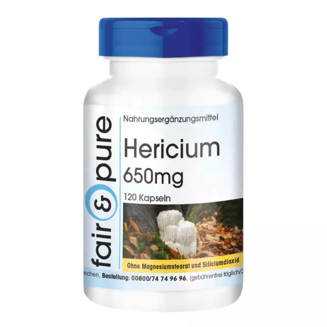 Hericium 650 mg 120 Kapseln hochdosiert Pilzpulver Vitalpilz VEGAN | fair & pure