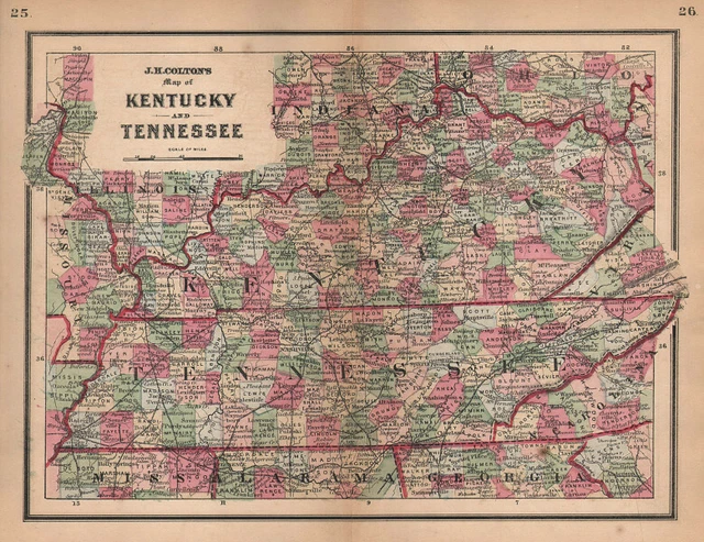 J. H. Colton's map of Kentucky and Tennessee 1864 old antique plan chart