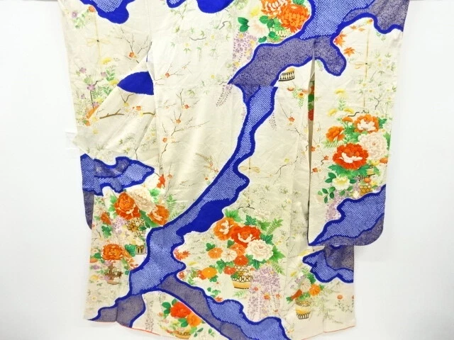 6884118: Japanese Kimono / Antique Furisode / Shibori / Flower Basket