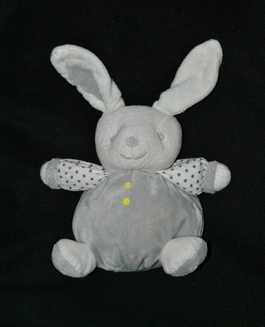 Peluche doudou lapin boule OBAIBI OKAIDI étoiles grelot blanc gris 18/28 cm TTBE