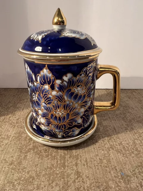 Chinese Asian Porcelain Tea Cup Lid Saucer Cobalt Blue Gold 3 Piece Set Floral