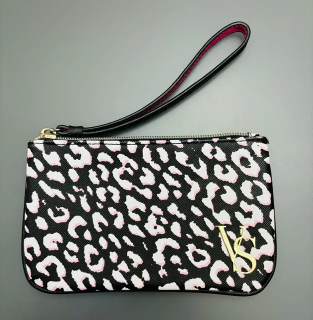 Victorias Secret VS Gold Logo Wristlet Clutch Pink Black Animal Print Makeup