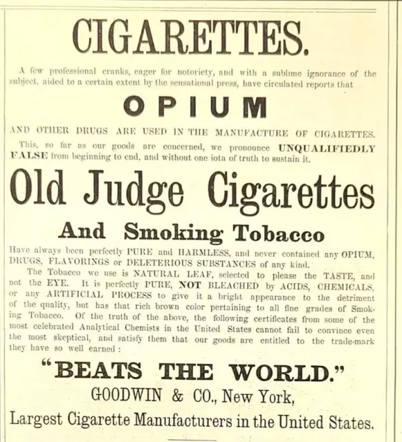 1882 Old Judge Cigarettes Tobacco Smoking Goodwin Company Print Ad