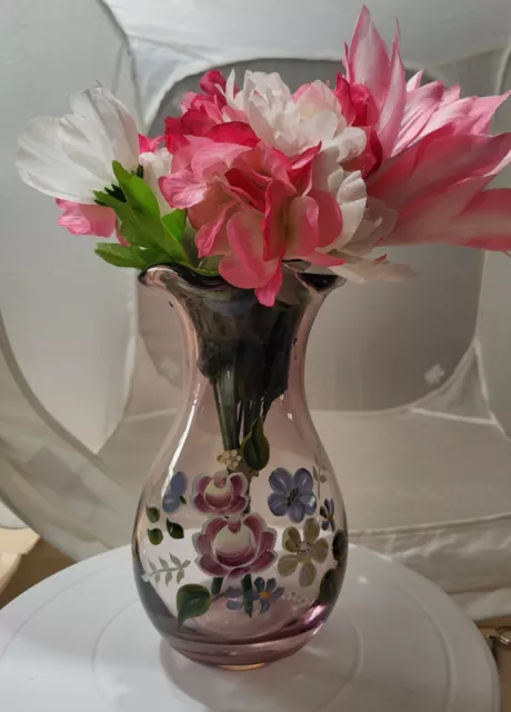 Vtg Teleflora FENTON Purple Amethyst Glass Floral Ruffled Hand Painted Vase 8"
