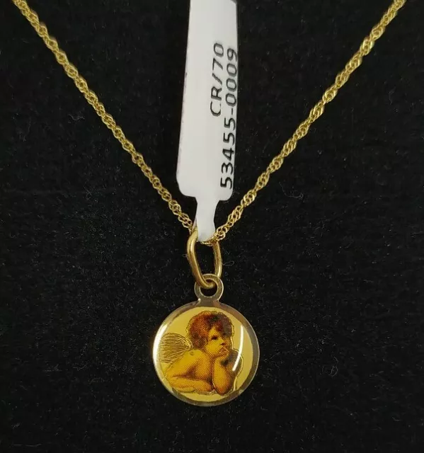 Pendentif Et Chaîne Or 18k 750 Mls . Médaille Ange de La Guarda. Ronde 11 MM