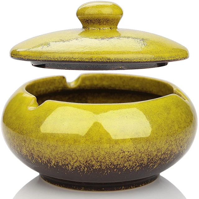 Cendrier En Céramique Noir Brillant - Fait Main, Diamètre 10.4cm - Pour Intérieur/Extérieur, Maison, Café, Terrasse