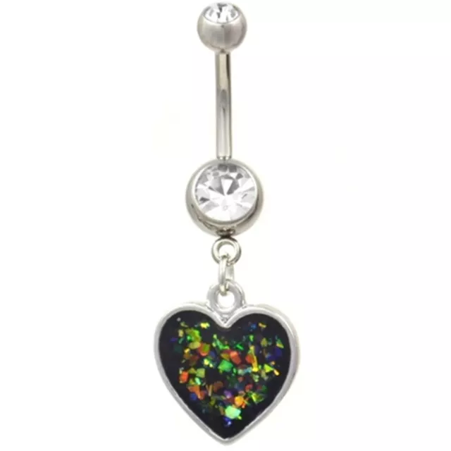 Belly Ring Heart Glittered w/Clear Gems Dangle Naval Steel Body Jewelry