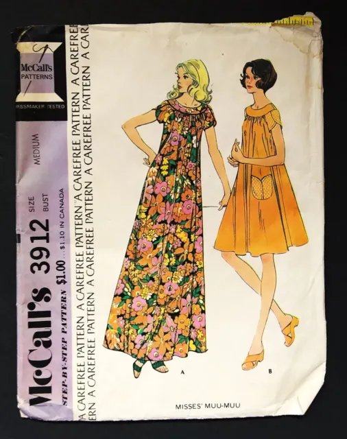 1973 McCall's 3912 Muu Muu Pattern vintage dress maxi partially cut Medium 14 16