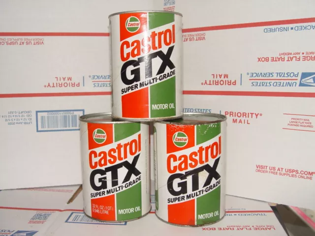 3 Full Vintage Pre-Barcode Circa 70's Castrol GTX Motor Oil Quart 10W/50