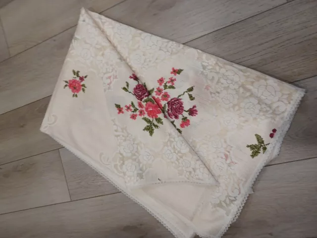 Vintage Cream Woven Lace Inserts Tablecloth Red Roses Tea Party Bridal 64x 96"