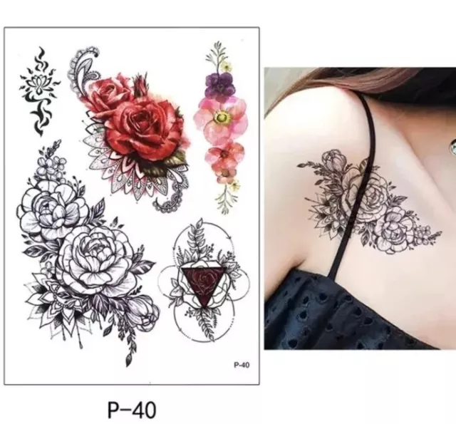 Schöne temporäre Damen Tattoo A5 Blatt rot rosa Henna schwarz Symbol Körper 🙂 UK