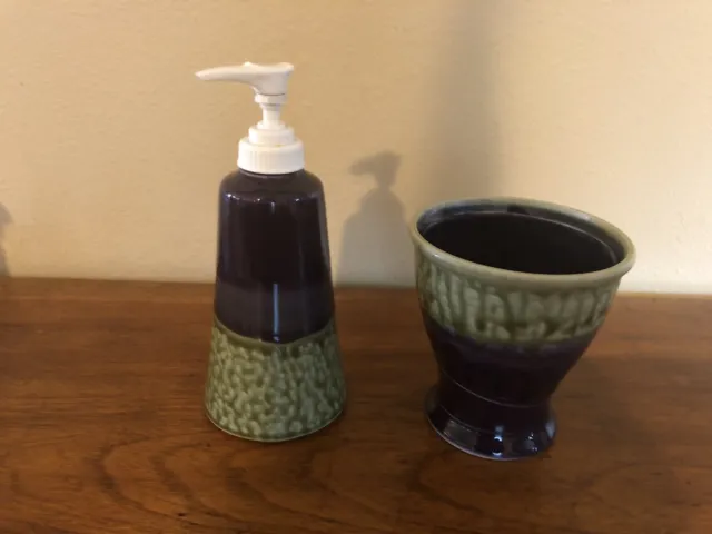 Pottery Drip Glaze Green & Purple-Signed-Soap/Lotion Pump & Toothbrush Holder