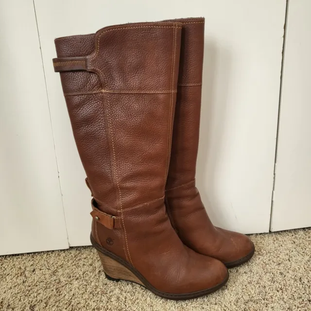 Timberland Women’s Stratham Heights Wedge Leather Boots Cognac Brown US 9.5