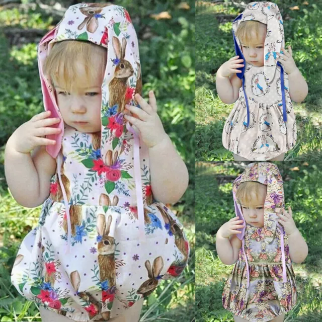 Infant Baby Girls Easter Bunny Floral Romper Bodysuitt Rabbit Ears Hat Set