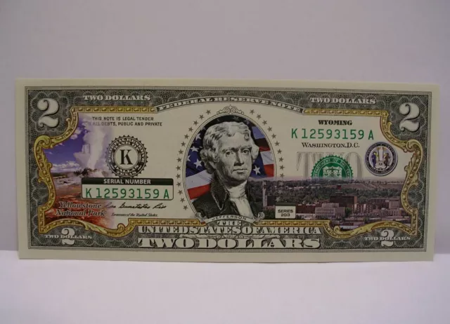 Wyoming $2 Two Dollar Bill - Colorized State Landmark - Uncirculated Authentic