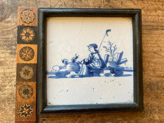 NICE! ANTIQUE 17th CENTURY DUTCH DELFT TILE sheperd girl Framed
