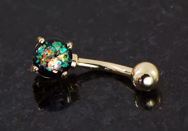 1 Pc Gold Plated Prong Set 6mm Dark Green Opal Glitter Belly Ring 14g 3/8"
