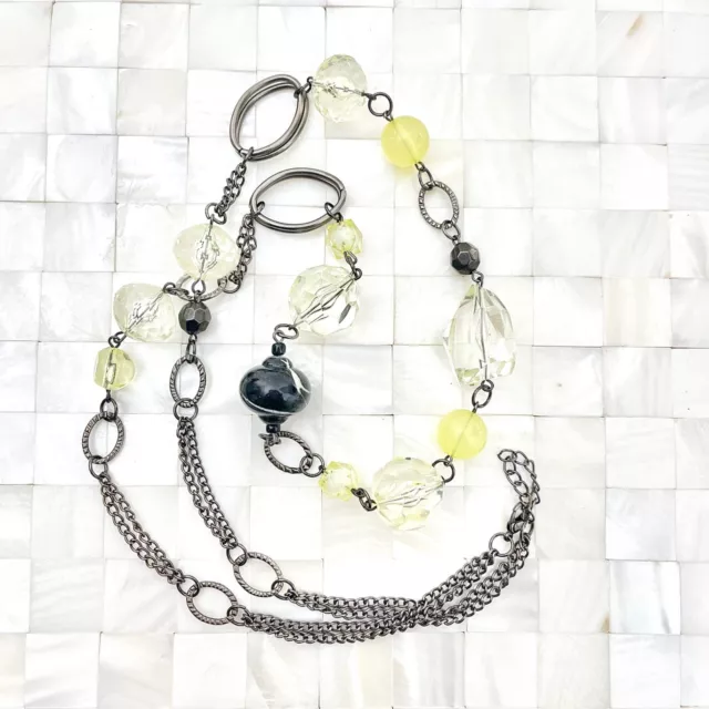 Yellow & Black Tones Beaded Gunmetal Chain Necklace The Vintage Strand Lot #4753