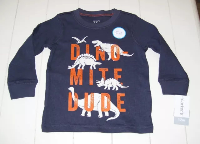 Boys Carter's Dino Mite Dude Grey Glow In The Dark Thermal LS Shirt Sz 12M