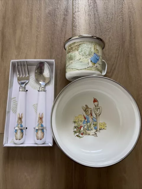 Golden Rabbit Peter Rabbit Gift Set 3 Piece Feeding Set Cup Bowl Lid, Spoon Fork