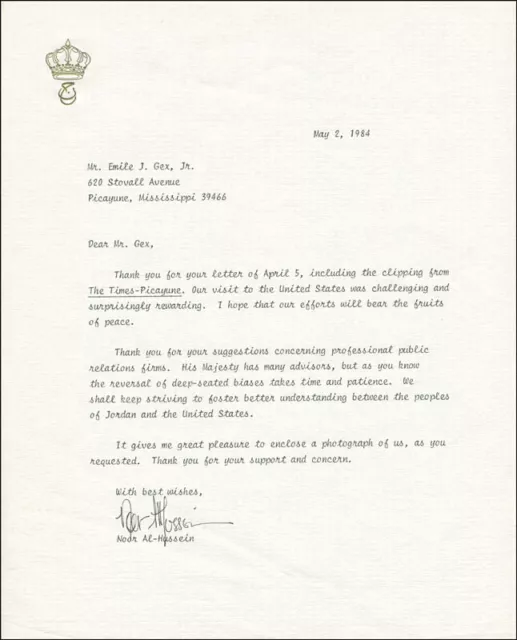 Queen Noor Al-Hussein (Jordan) - Typed Letter Signed 05/02/1984