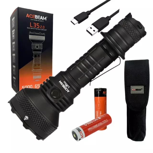 Acebeam L35 2.0 Tactical Flashlight Black CREE XHP70.3 HI LED w/ Extra 21700 Bat