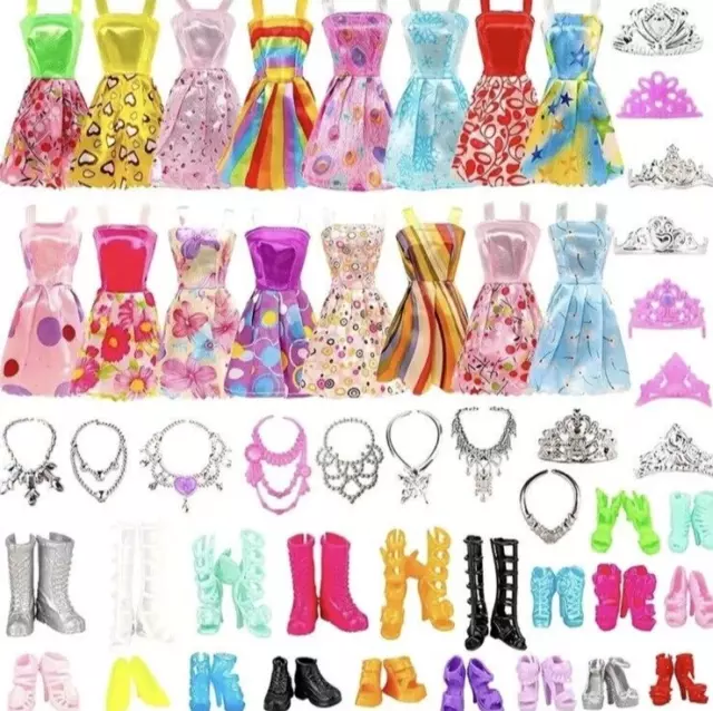 32 pcs Barbie Clothes Doll Fashion Wear Clothing outfits Dress up Gown  Shoes Lot