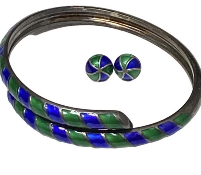David Andersen Norway Vintage Sterling Silver Blue Green Enamel Bracelet Studs