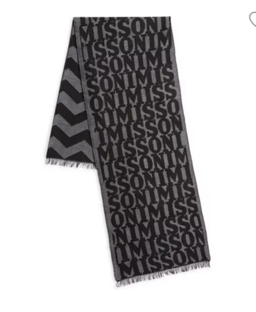 Missoni Logo Fringed Wool Blend Scarf Men Unisex Black Grey NWT 15x66 inches