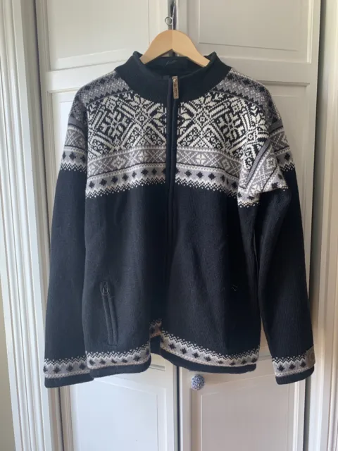 Nor Wear Wool Icelandic Nordic Sweater Jacket Navy  Sz L  Wind Stopper lining