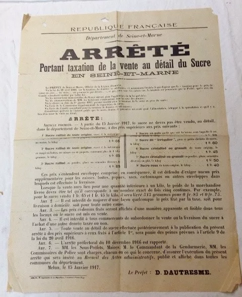 Affiche / Placard - Arrété sur la vente du Sucre - Janvier 1917