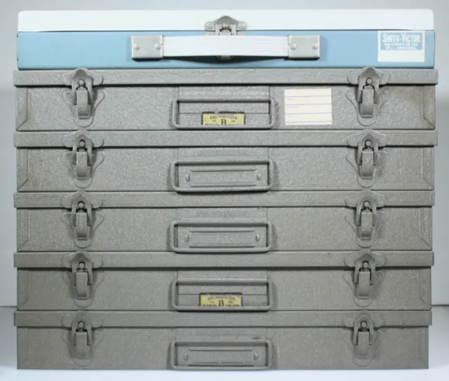 6 Metal Slide Storage Boxes - 5 Brumburger, 1 Smith-Victor - 900 slots - CLEAN