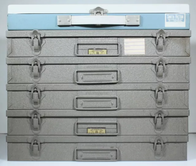 6 Metal Slide Storage Boxes - 5 Brumburger, 1 Smith-Victor - 900 slots - CLEAN