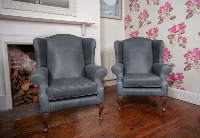 Pair of Chesterfield Queen Anne High Back chairs in Vintage Grey Leather