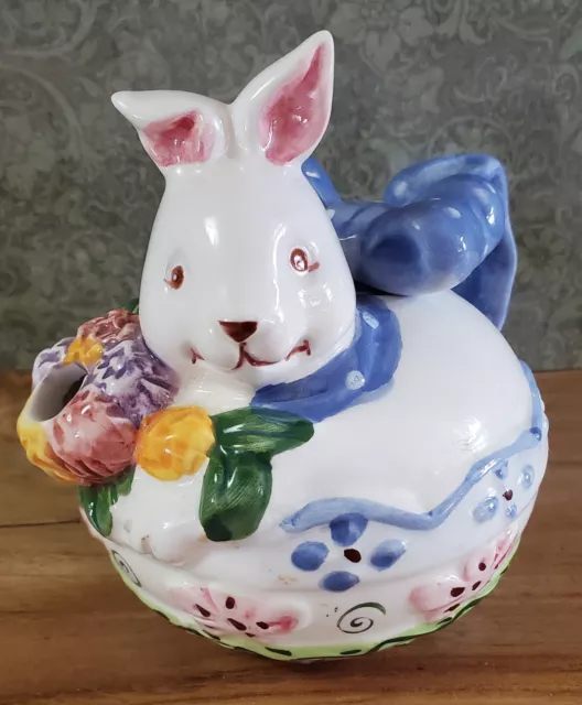 Vintage Unmarked White Multicolored Floral Bunny Rabbit Ceramic Teapot Blue Bow