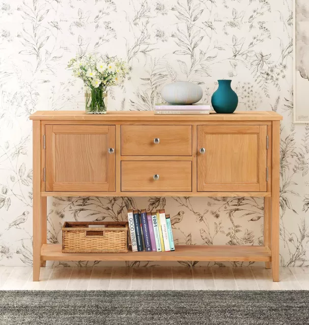 Large Oak Console Table | Solid Wood Hall Table with 2 Drawer & 1 Shelf