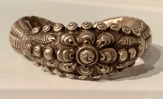 Antique Vintage Silver Ornate Chinese Cuff Bracelet Very Wearable RARE 3