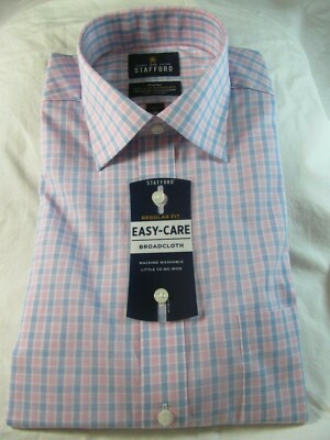 NWT STAFFORD EASY CARE BROADCLOTH Reg. Fit DRESS SHIRT Pink/Blue EOE Check