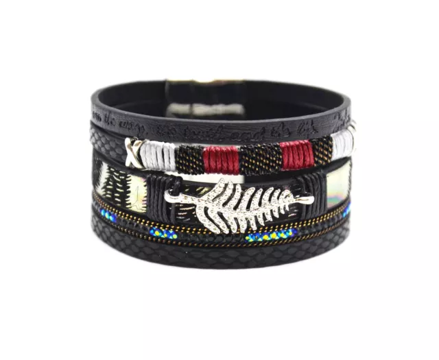 BC1836F - Bracelet Manchette Multi-Rangs Simili Cuir Ecailles Message Strass ...