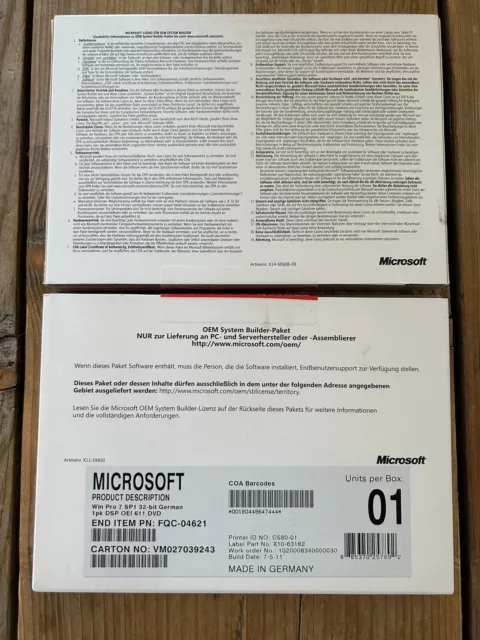 Windows 7 Professional, 32 bit / SP1 mit DVD, OEM Vollversion mit MwSt Rechnung