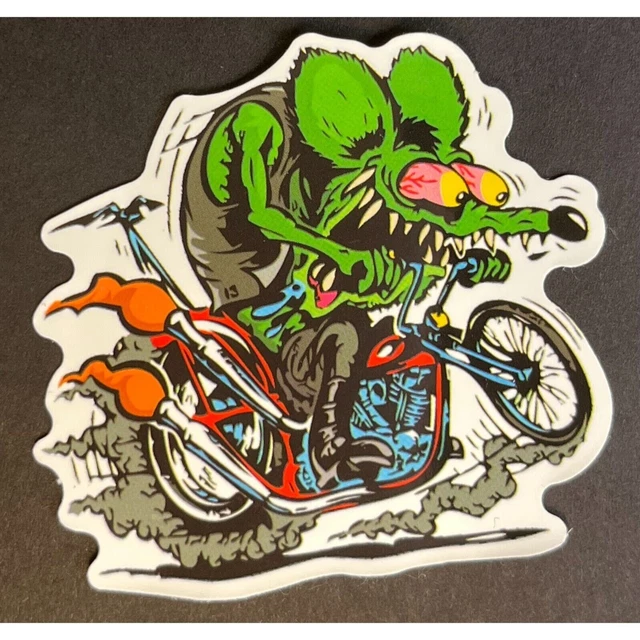 Big Daddy Ed Roth - Rat Fink R.F. on Motorcycle Vinyl Decal BUMPER STICKER Big Daddy Ed Roth - Rat Fink R.F. on Motorcycle Vinyl Decal BUMPER STICKER