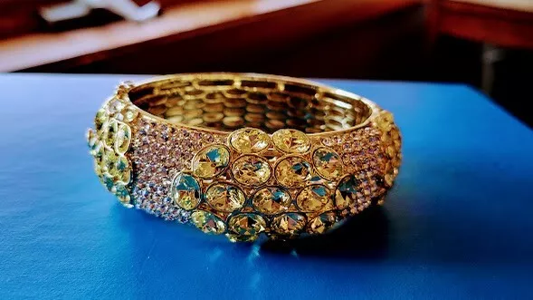 JB Cuff Bracelet Gold Tone w Yellow/Clear Crystals & Ring size 7