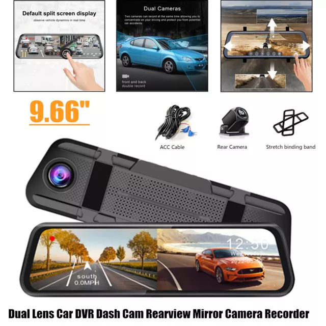 9.66" HD 170° Dual Lens Car DVR Dash Cam Video Camera Recorder Rearview Mirror