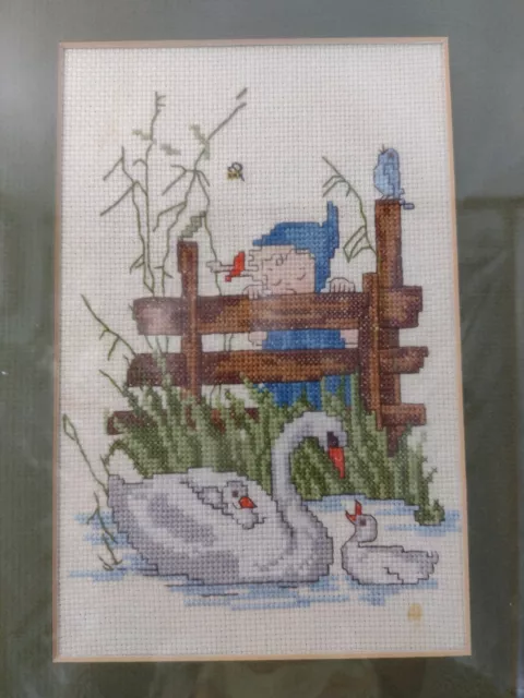 Vintage Girl With Geese Framed Matted Finished Cross Stitch  10x13 Hummel