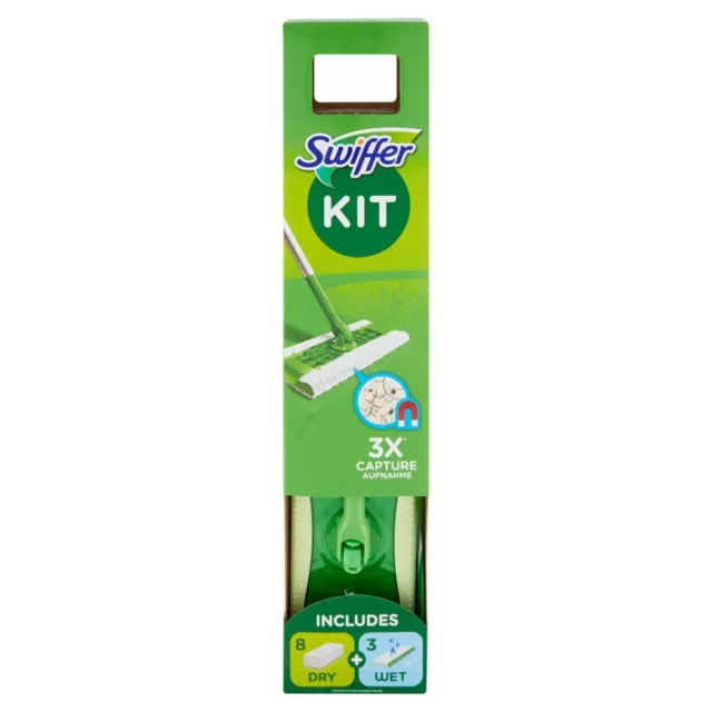 Swiffer Dry Starter Kit Catturapolvere completo  di scopa+ 8 panni + 3 panni wet