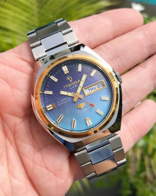 TRESSA LUX Crystal 99 Vintage Silver Blue Diver  Watch c.1970s  Art Deco NOS VTG