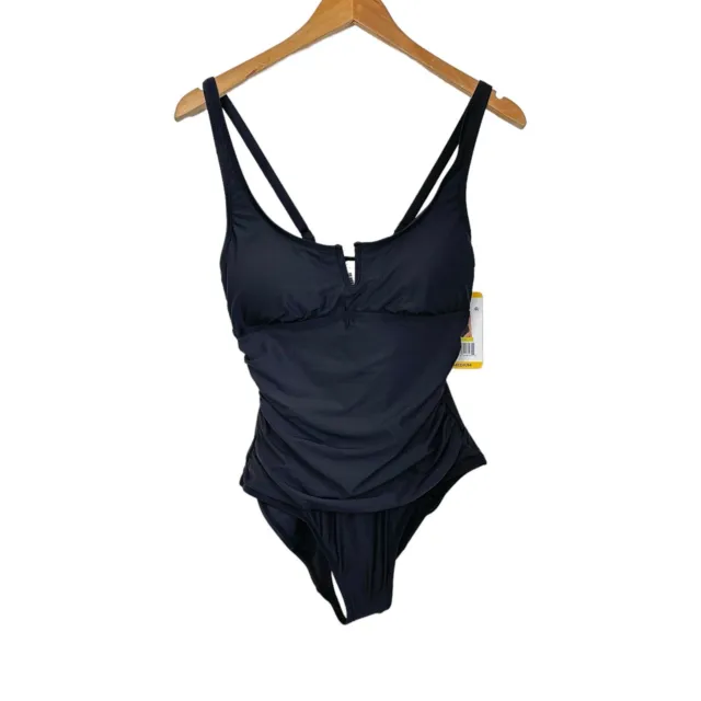 Anne Cole Womens One Piece V Wire Swimsuit Size Medium Black Ruching UPF 50 NWT