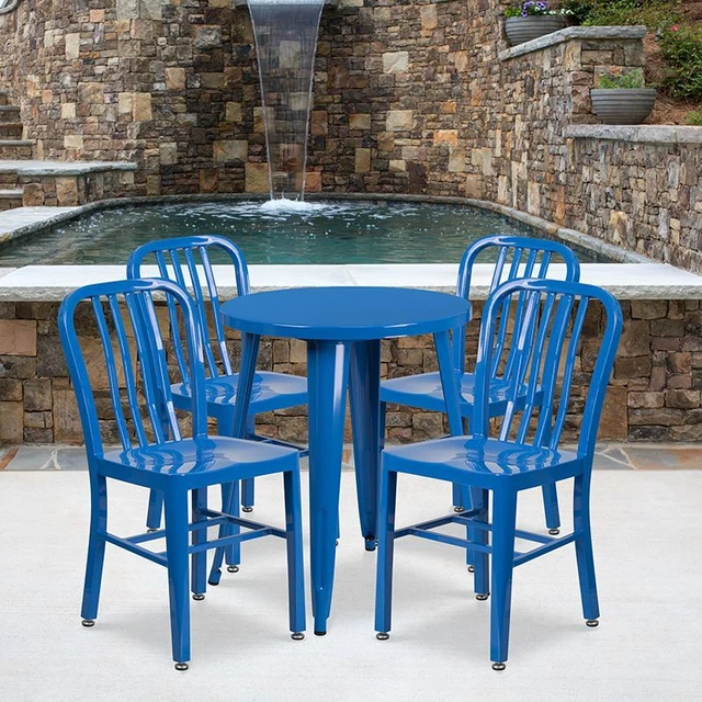 Commercial Grade 24" Round Blue Metal Indoor/Outdoor Table Set w/4 Vertical Slat